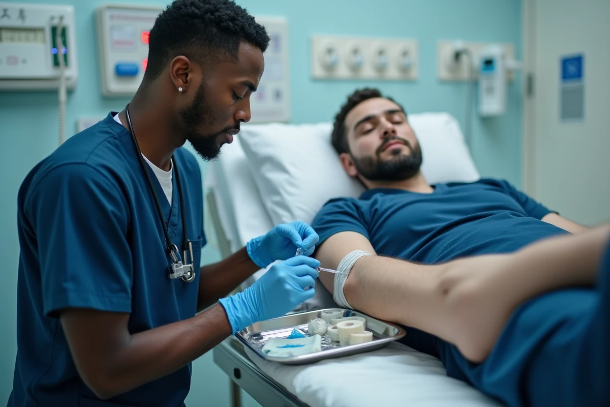 Infirmier en blouse marine préparant et posant une perfusion intraveineuse sur l'avant-bras d'un patient en salle de soins