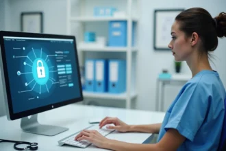 Infirmière connectée à un portail sécurisé de soins sur un poste informatique hospitalier