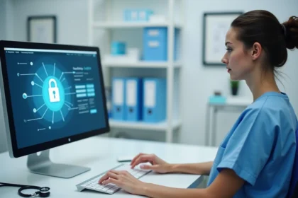 Infirmière connectée à un portail sécurisé de soins sur un poste informatique hospitalier
