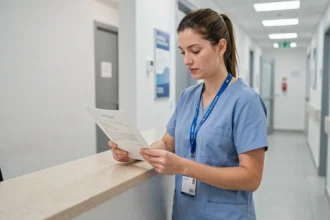 Infirmière en stage consultant un formulaire d'autorisation d'accès dans un CHU