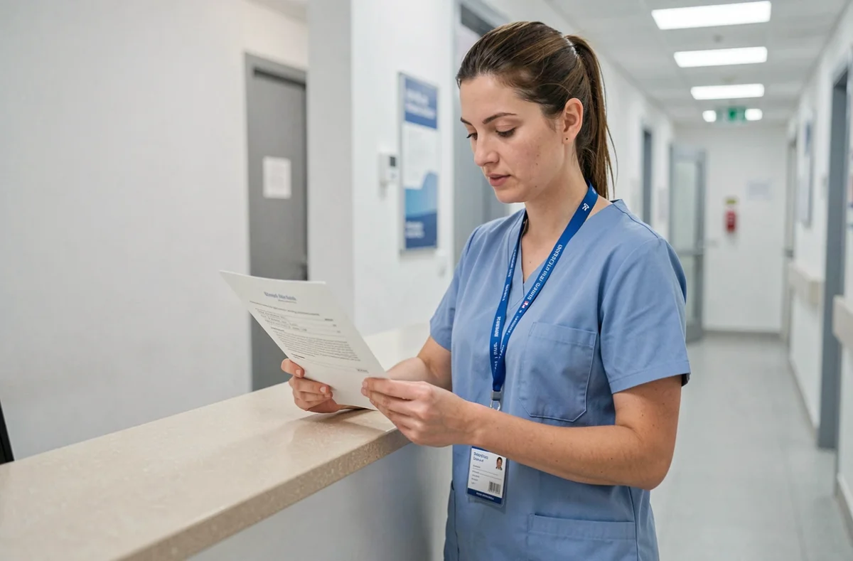 Infirmière en stage consultant un formulaire d'autorisation d'accès dans un CHU