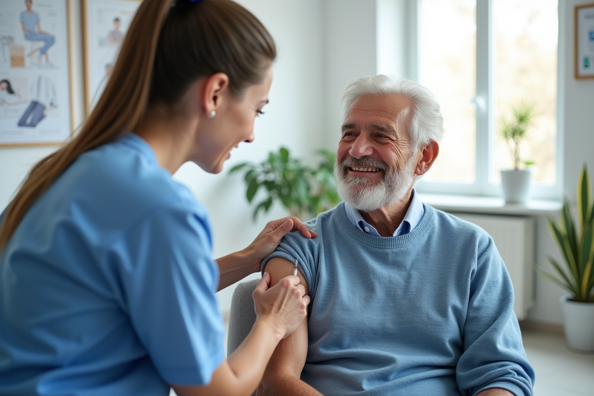 Infirmière en uniforme administrant un vaccin à un senior souriant
