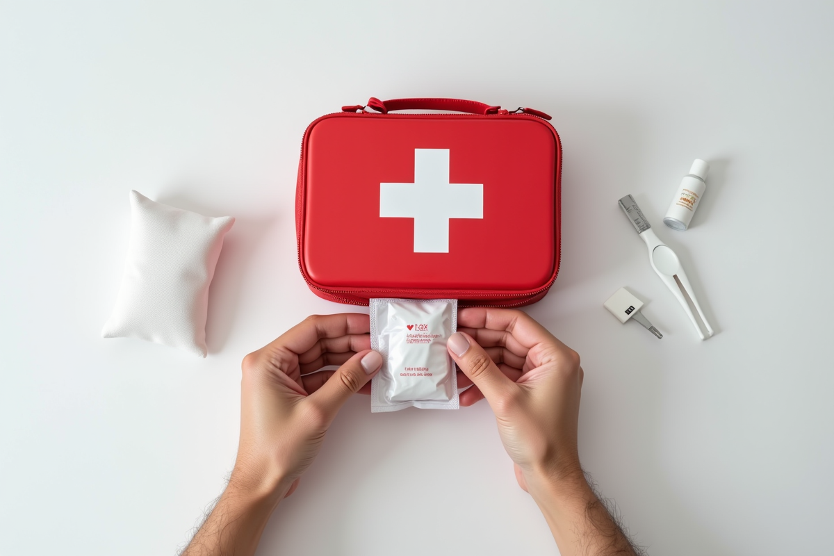 Mains inspectant des objets de la trousse de secours