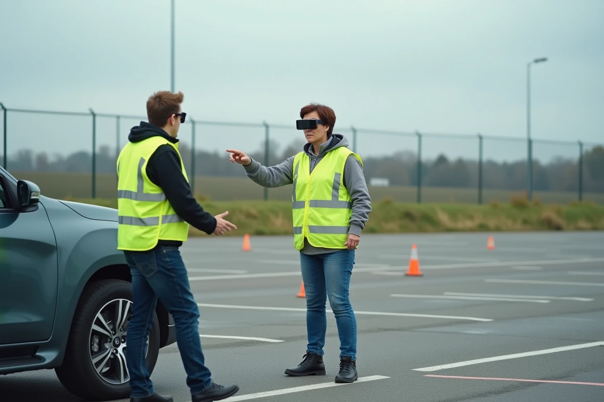 Instructrice de conduite expliquant l'utilisation du simulateur d'alcool à un élève conducteur sur un terrain pédagogique