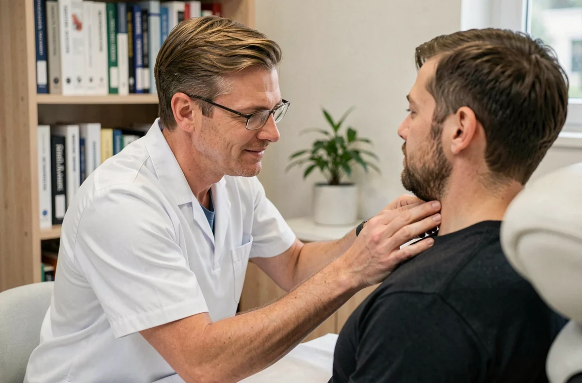 Jean-Baptiste Lelandais ostéopathe à Massy réalisant une évaluation cervicale sur un patient assis