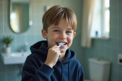 Adolescent se brossant les dents dans une salle de bain lumineuse