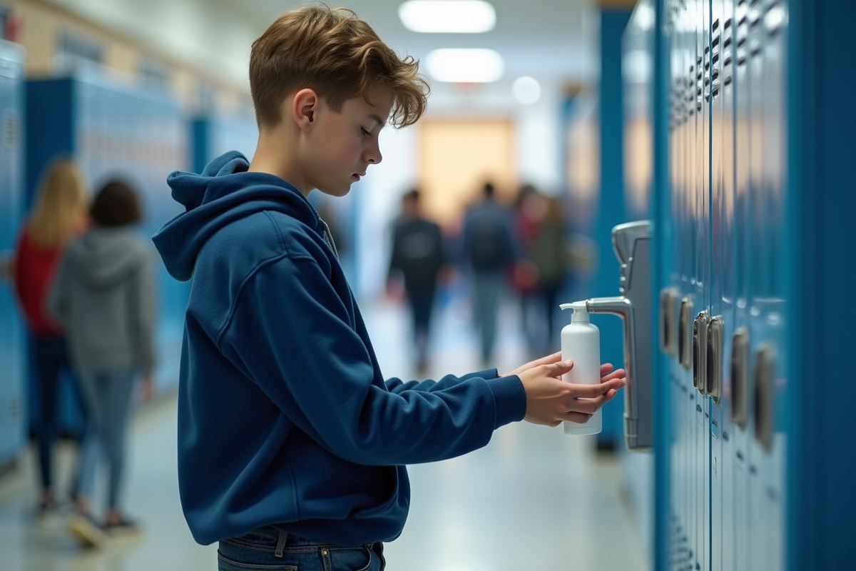 Jeune étudiant utilisant gel hydroalcoolique dans le couloir