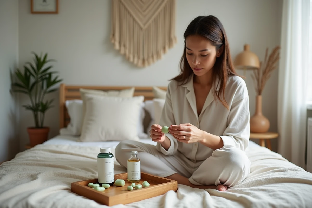 Jeune femme assise sur son lit triant ses compléments beauté et soins de peau dans un cadre de chambre naturel et apaisant