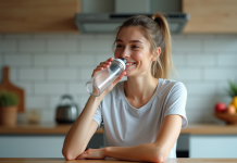Jeune femme souriante buvant dans une bouteille d'eau dans une cuisine moderne