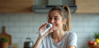 Jeune femme souriante buvant dans une bouteille d'eau dans une cuisine moderne