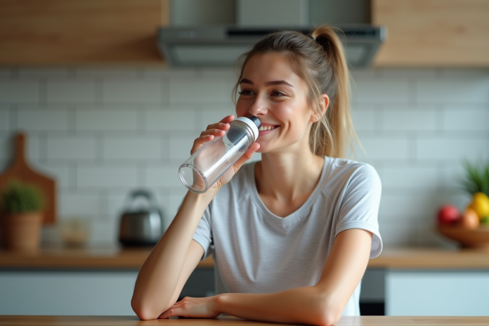 Jeune femme souriante buvant dans une bouteille d'eau dans une cuisine moderne
