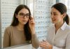 Jeune femme essayant des lunettes dans un magasin d'optique