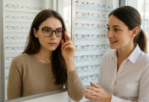 Jeune femme essayant des lunettes dans un magasin d'optique
