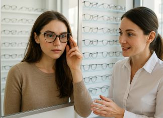 Jeune femme essayant des lunettes dans un magasin d'optique