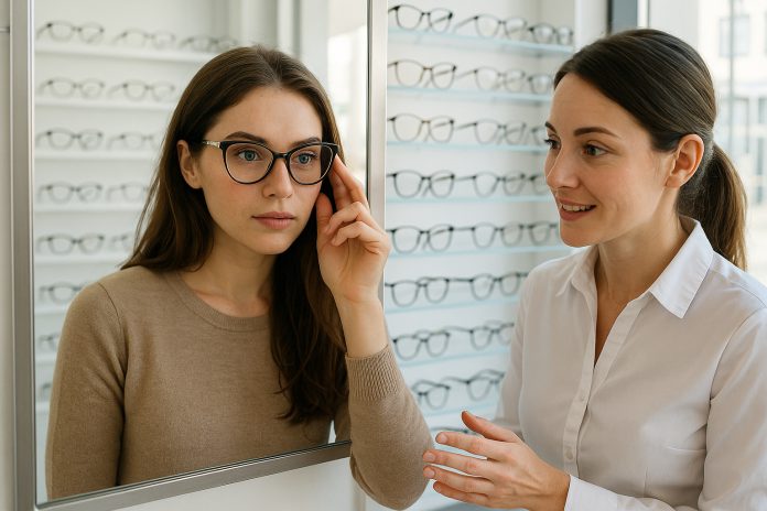 Jeune femme essayant des lunettes dans un magasin d'optique