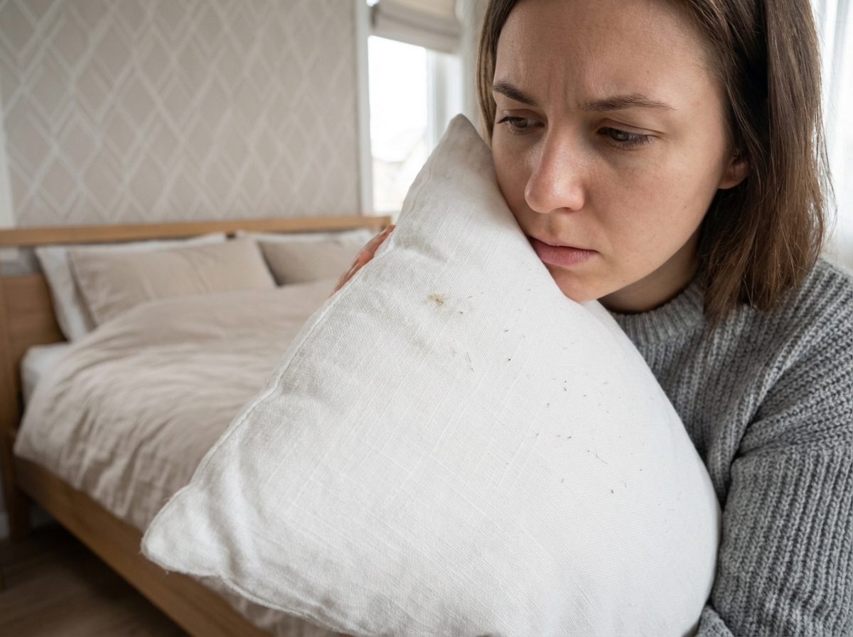 Jeune femme examine un oreiller blanc dans sa chambre moderne