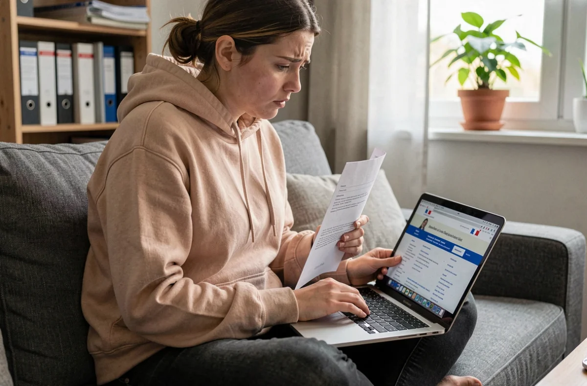 Jeune femme recherchant ses droits dépression MDPH AAH et invalidité sur ordinateur portable à domicile