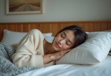 Jeune femme endormie paisiblement dans son lit cosy