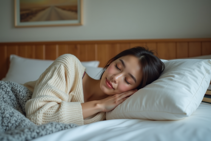 Jeune femme endormie paisiblement dans son lit cosy