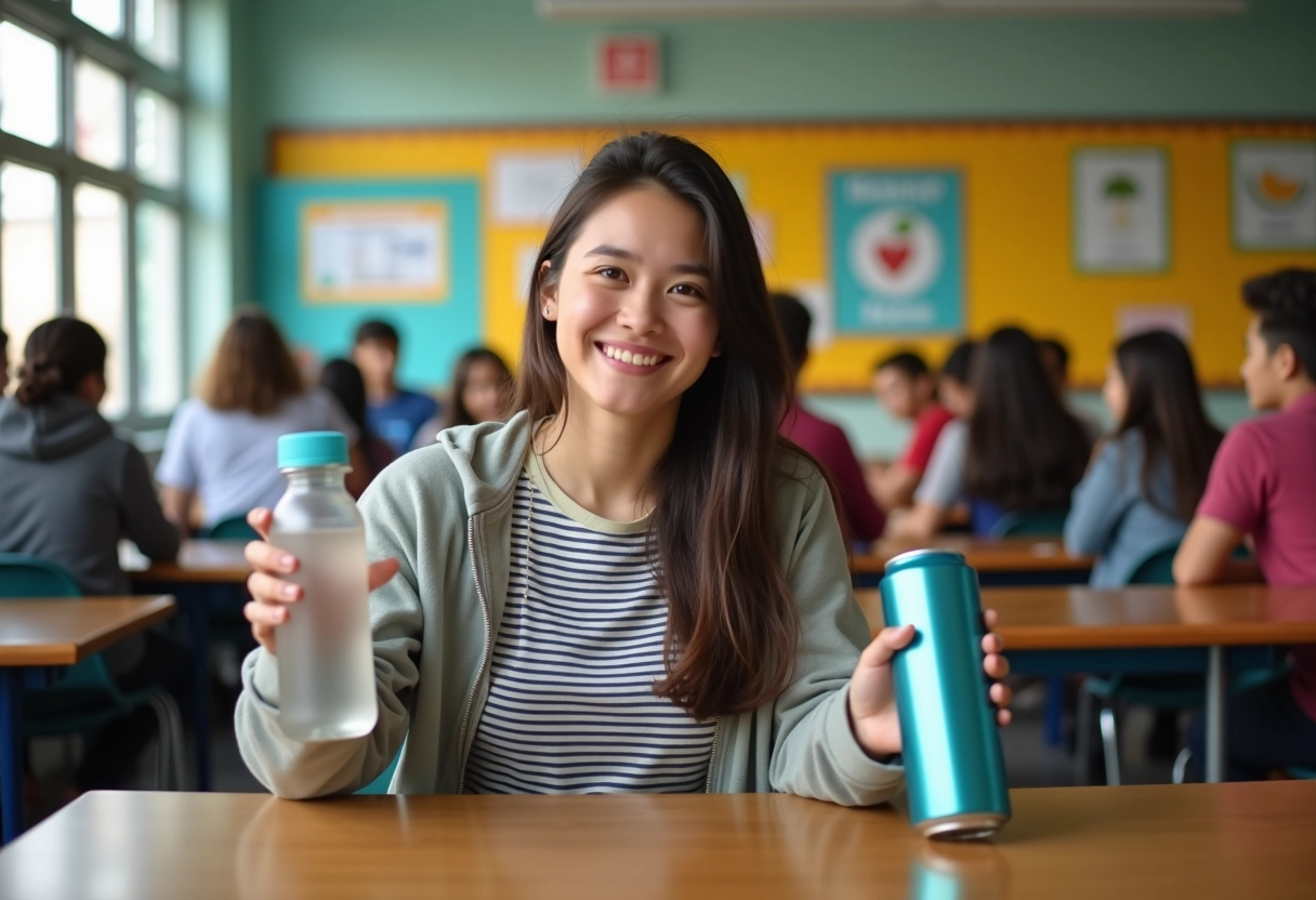 Jeune femme refusant une canette de soda à la cantine scolaire
