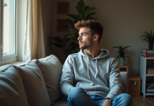 Jeune homme en hoodie assis dans un salon modeste