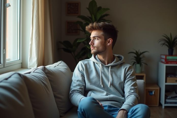 Jeune homme en hoodie assis dans un salon modeste