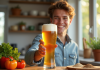 Jeune adulte souriant avec une bière glutenfree dans une cuisine ensoleillee