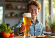 Jeune adulte souriant avec une bière glutenfree dans une cuisine ensoleillee