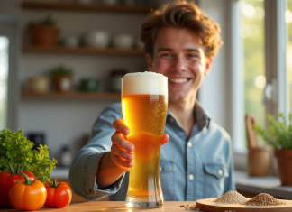 Jeune adulte souriant avec une bière glutenfree dans une cuisine ensoleillee