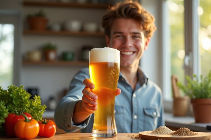 Jeune adulte souriant avec une bière glutenfree dans une cuisine ensoleillee