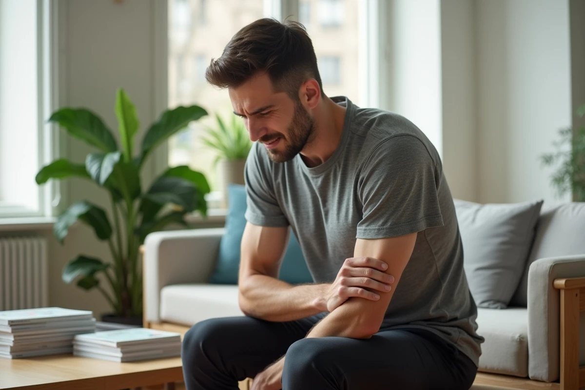 Jeune homme s’étirant dans un salon lumineux
