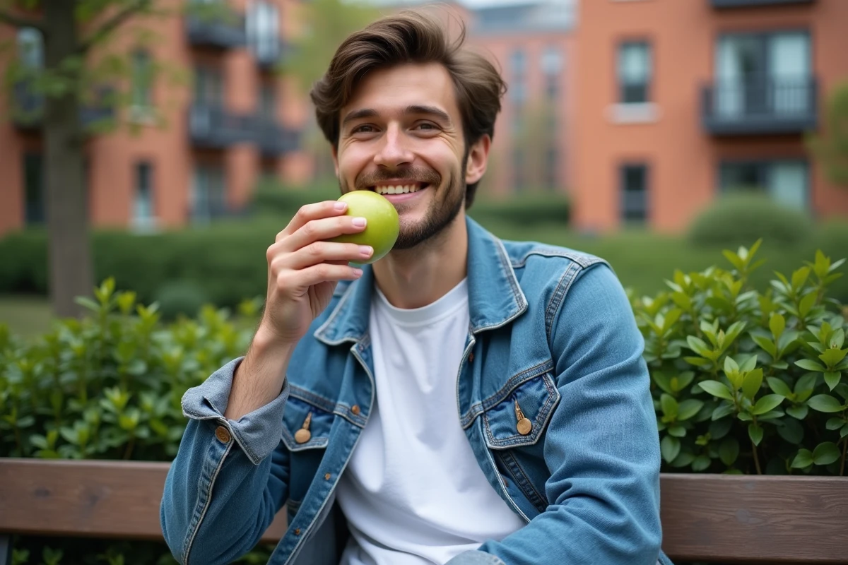 Jeune homme mangeant une pomme en plein air dans un parc