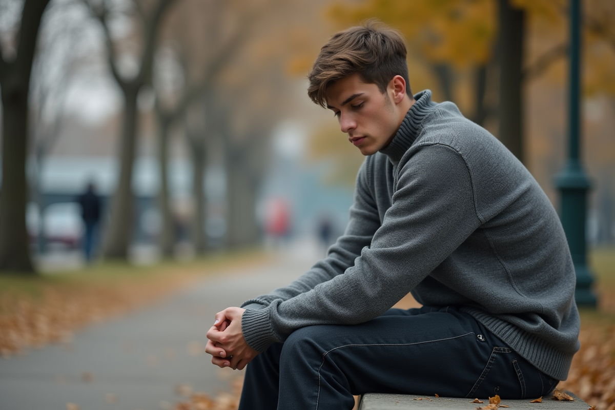 Jeune homme pensif assis sur un banc dans un parc urbain