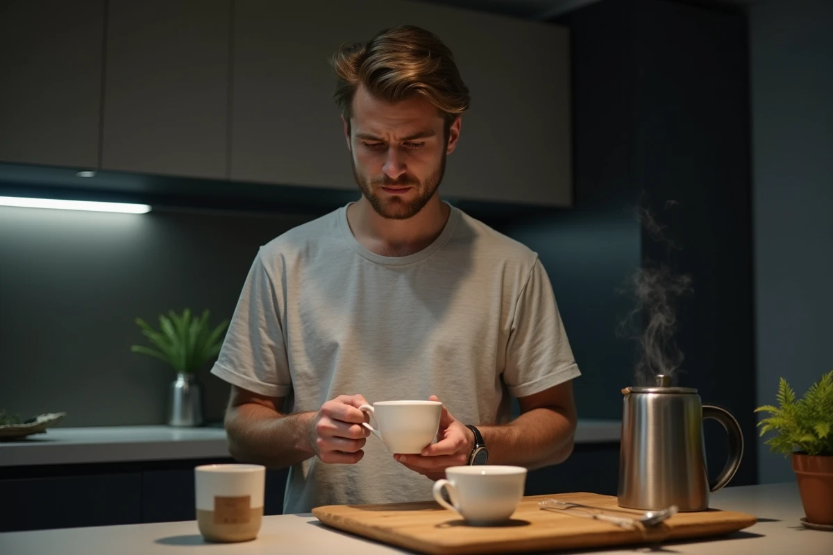 Jeune homme préparant une tisane dans la cuisine moderne
