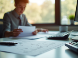 1900 brut en net : calculs indicatifs méthodes et impacts sur la retraite Jeune professionnel vérifiant sa fiche de paie au bureau