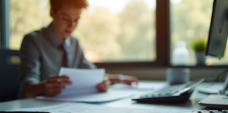 Jeune professionnel vérifiant sa fiche de paie au bureau