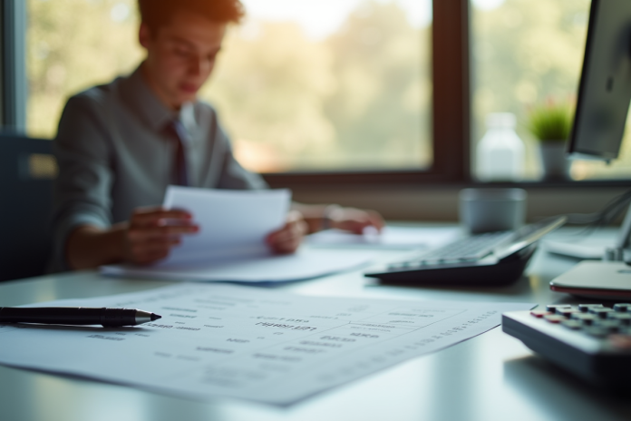 Jeune professionnel vérifiant sa fiche de paie au bureau