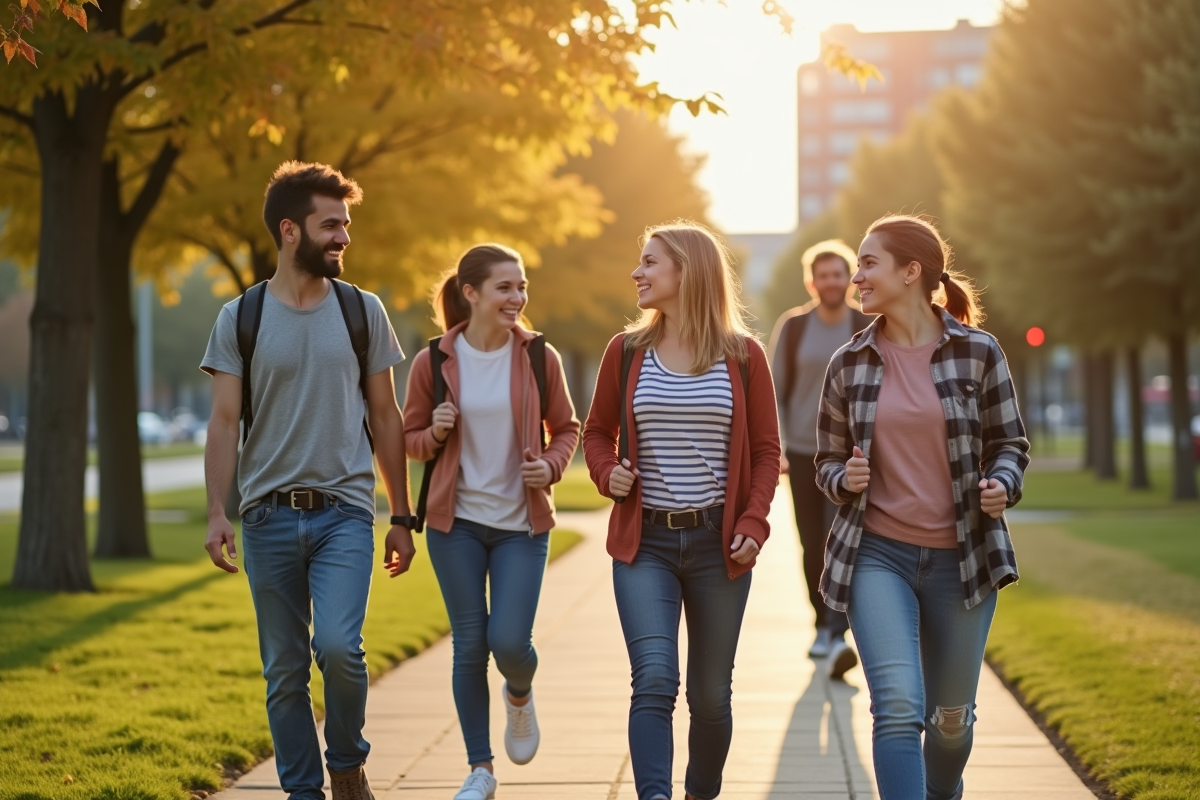 Jeunes actifs marchant dans un parc urbain ensoleille