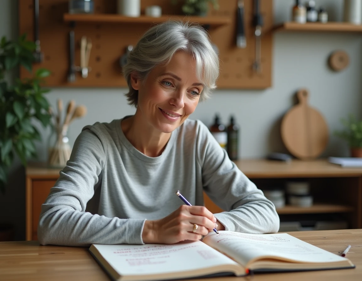 Femme d'une quarantaine d'années relisant son journal de formulation cosmétique avec des recettes de sérum corrigées, assise à un bureau en bois dans un espace dédié à la cosmétique maison