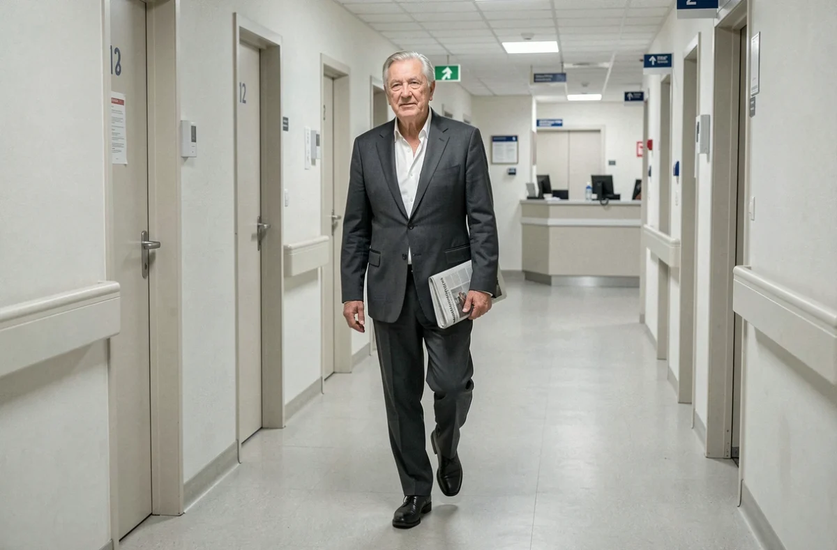 Journaliste âgé marchant seul dans un couloir d'hôpital français, tenant un journal sous le bras, expression sereine