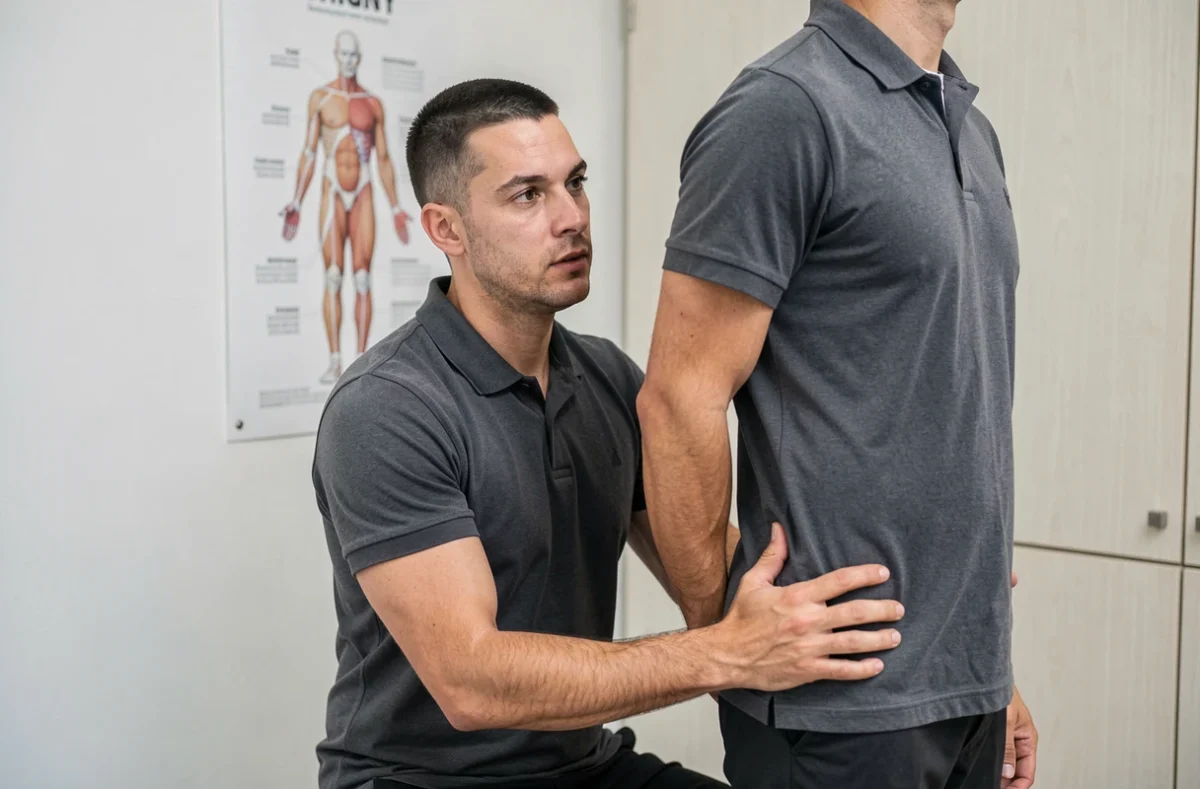 Julien Marchand ostéopathe à Grigny réalisant un bilan postural sur un patient debout