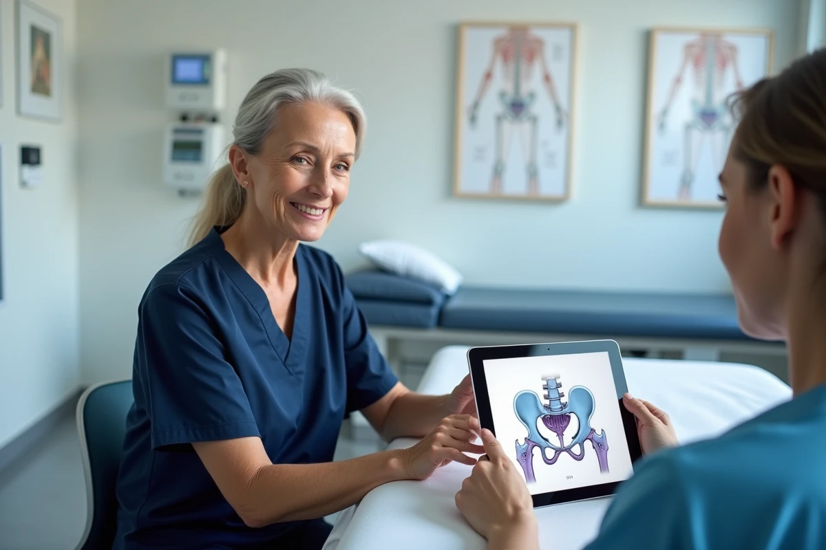 Kinésithérapeute expliquant les traitements pour un coccyx cassé avec un schéma anatomique sur tablette