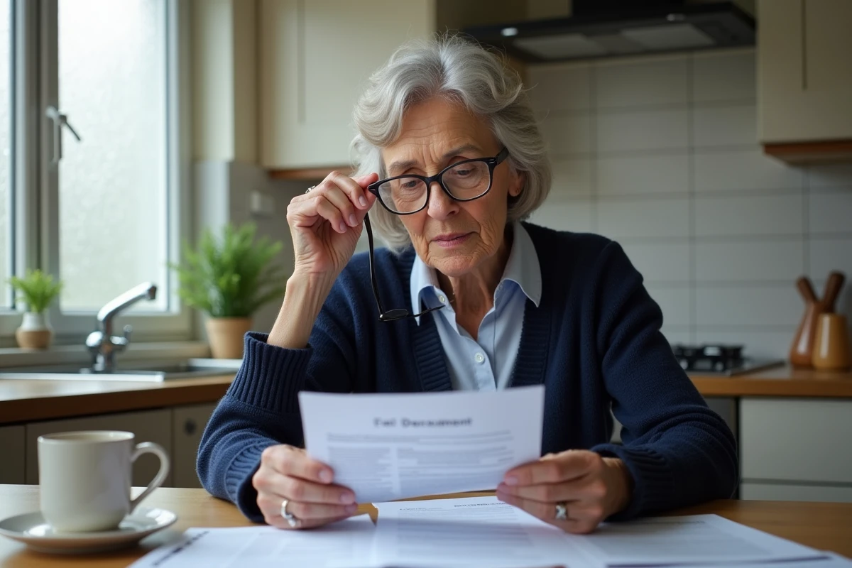 Femme âgée lisant un document officiel de la CPAM de Lyon reçu par courrier postal