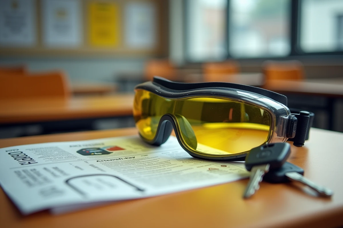 Lunettes de simulation d'alcool posées sur un bureau de salle de cours avec des clés de voiture et une brochure sur la sécurité routière