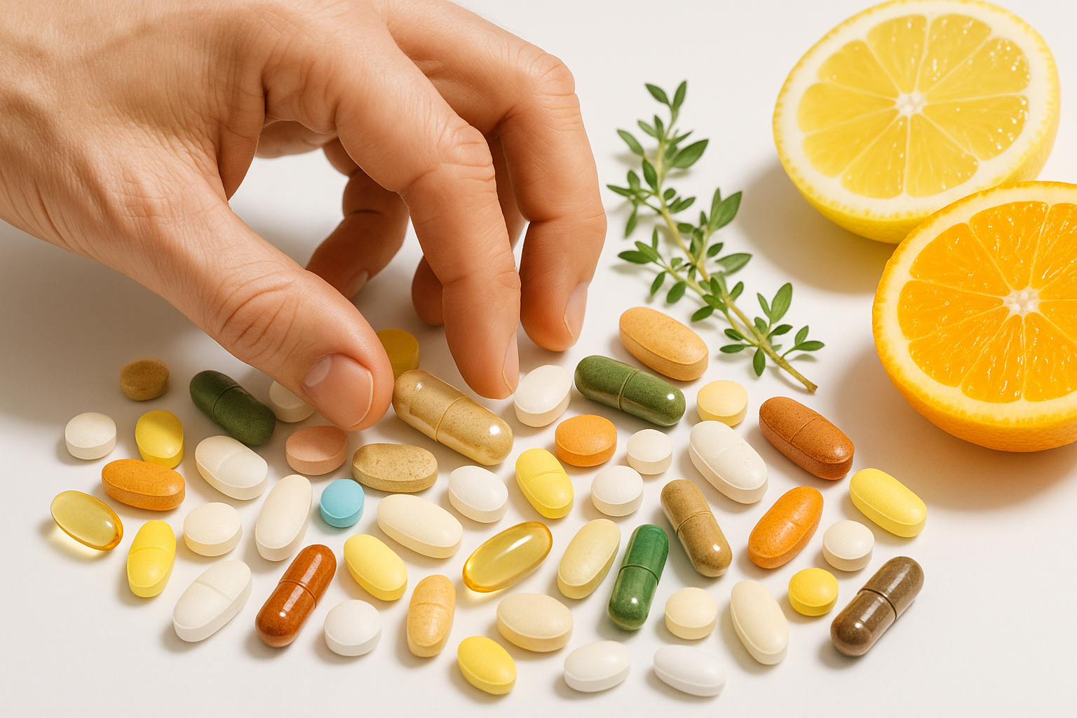 Main atteignant une capsule parmi des pilules colorées et des herbes fraîches