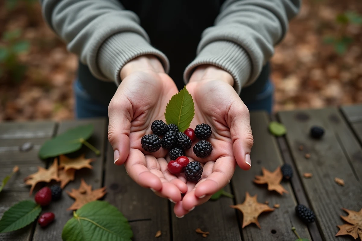 Mains montrant des baies de prunellier et des noyaux