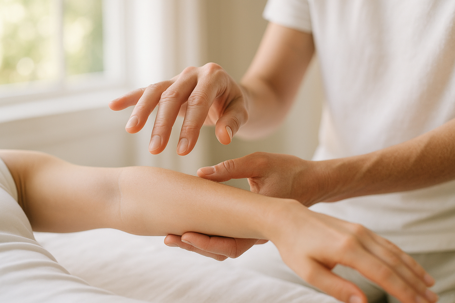 Gros plan apaisant de mains effectuant une technique douce de kinésiologie sur un bras