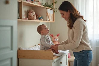 Jeune maman changeant son bébé dans une nurserie chaleureuse