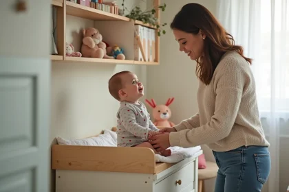Jeune maman changeant son bébé dans une nurserie chaleureuse