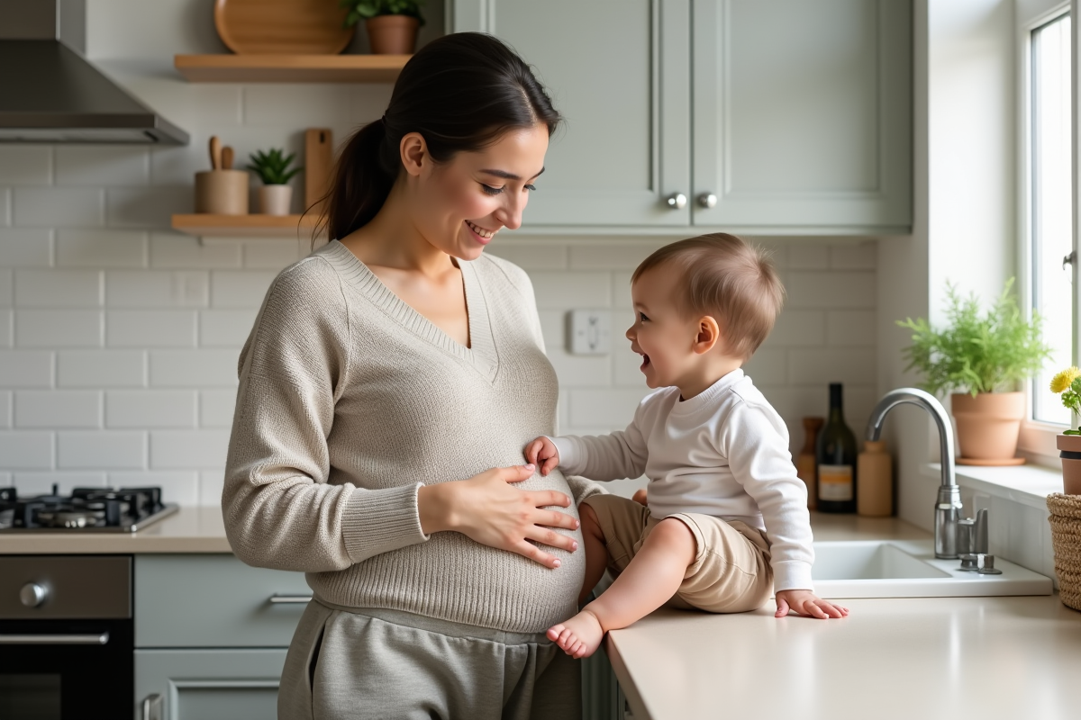 Jeune maman avec son bébé dans la cuisine lumineuse et accueillante